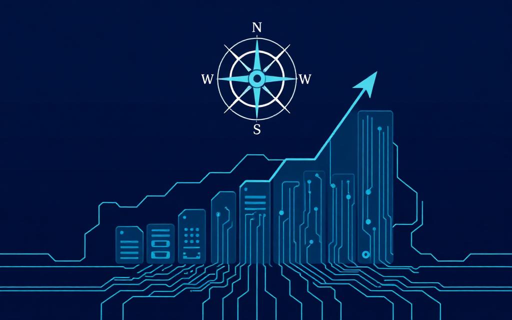 Upward growth chart with circuit pathways representing tech scaling